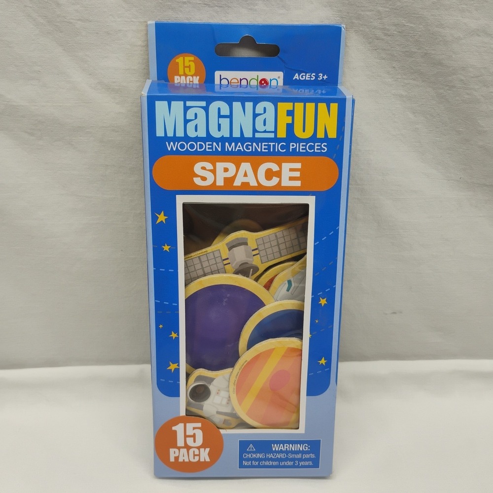 NIB Bendon MagnaFun Space Wooden Magnetic 15 Pc Planets Astronaut Fridge Magnets